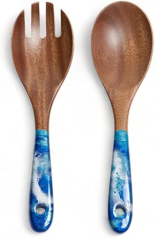Handcrafted Wood & Epoxy Resin Salad Serving Set,10-inch, set of 2 - Wooden Fork and Spoon with Resin Handles For Serving Tossing Mixing Salad, Colorful Salad Servers for Dinner (Blue/Dark Blue) in Saudi Arabia