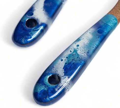 Handcrafted Wood & Epoxy Resin Salad Serving Set,10-inch, set of 2 - Wooden Fork and Spoon with Resin Handles For Serving Tossing Mixing Salad, Colorful Salad Servers for Dinner (Blue/Dark Blue) in Saudi Arabia