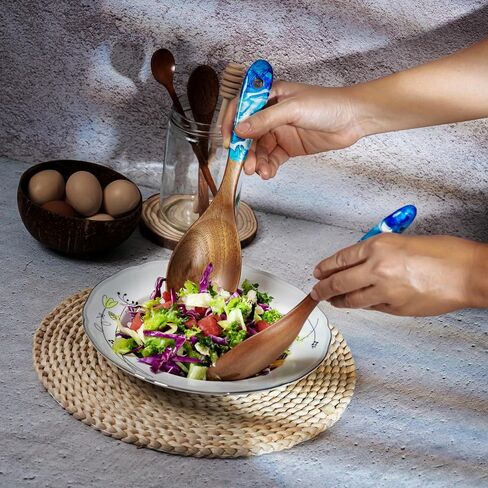 Handcrafted Wood & Epoxy Resin Salad Serving Set,10-inch, set of 2 - Wooden Fork and Spoon with Resin Handles For Serving Tossing Mixing Salad, Colorful Salad Servers for Dinner (Blue/Dark Blue) in Saudi Arabia