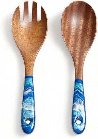Handcrafted Wood & Epoxy Resin Salad Serving Set,10-inch, set of 2 - Wooden Fork and Spoon with Resin Handles For Serving Tossing Mixing Salad, Colorful Salad Servers for Dinner (Blue/Dark Blue) in Saudi Arabia