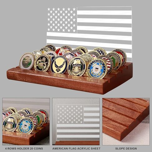 عرض عملة التحدي المضيئة من الأمونيت، حامل عملات العلم الأمريكي مع لون أبيض دافئ من الخشب الصلب الخفيف 4 صفوف حامل خشبي هدية عملات تحدي الوقوف للجيش العسكري له الأب in Kuwait