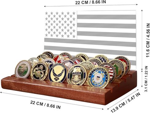 عرض عملة التحدي المضيئة من الأمونيت، حامل عملات العلم الأمريكي مع لون أبيض دافئ من الخشب الصلب الخفيف 4 صفوف حامل خشبي هدية عملات تحدي الوقوف للجيش العسكري له الأب in Kuwait