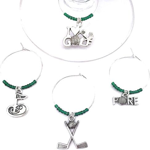 Golf wine charms, Perfect wine gift for Golf Enthusiast in your life. Includes I Love Golf, Fore, 18th Hole, and Clubs with Golf ball charms. Set of 5. GREEN BEADS. in Saudi Arabia