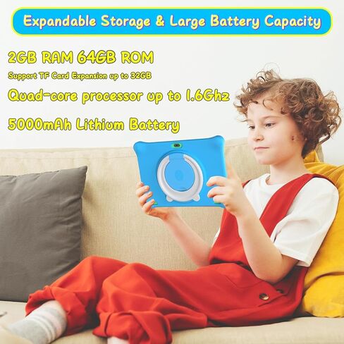 2GB RAM 64GB ROM Tablet 10 Inch Android 13 Kids Tablet for Kids with Drop-Proof Case, 5000mAh, 1280 * 800 Display, 2+5MP Camera, WiFi, Educational Games, Blue in Saudi Arabia
