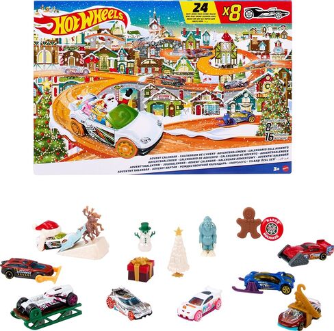 Hot Wheels Toy Car Set, 2023 Advent Calendar with 8 Cars in 1:64 Scale, 16 Accessories & Playmat, Gift for Kids in Saudi Arabia