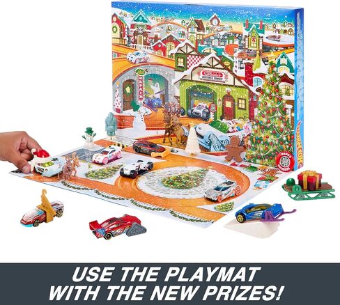 Hot Wheels Toy Car Set, 2023 Advent Calendar with 8 Cars in 1:64 Scale, 16 Accessories & Playmat, Gift for Kids in Saudi Arabia