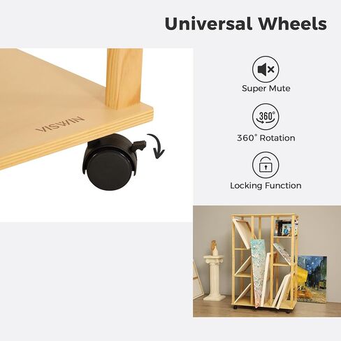 VISWIN Extra-Large Wood Print Rack, Art Display Rack with Rolling Casters, 7 Adjustable Heights, Perfect for Storage & Display for Canvas, Artwork, Prints, Panels, Posters, Art Shows & Galleries in Kuwait