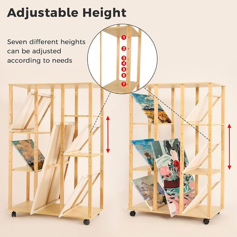 VISWIN Extra-Large Wood Print Rack, Art Display Rack with Rolling Casters, 7 Adjustable Heights, Perfect for Storage & Display for Canvas, Artwork, Prints, Panels, Posters, Art Shows & Galleries in Kuwait