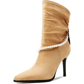 Women's Fashion Pointed Toe Ankle Boots Sexy Stiletto Heel Comfortable Mid-Calf Boots Elegant Pearl String Short Boots Slip on Party Dress Suede Pumps Shoes in Kuwait