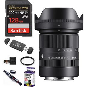 Sigma 18-50mm f/2.8 DC DN Contemporary Lens for FUJIFILM X Mount Bundle, Includes: SanDisk 128GB Extreme PRO SDXC Memory Card, UV Protection Filter, Lens Cleaning Kit and More (7 Items) in Kuwait