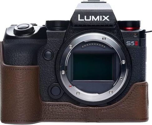 علبة كاميرا S5 II ، غلاف حقيبة حقيبة من الجلد المصنوع يدويًا من الجلد الحقيقي لـ Panasonic Lumix S5 Mark II S5II ، إصدار فتحة + حزام يدوي (القهوة) in Saudi Arabia