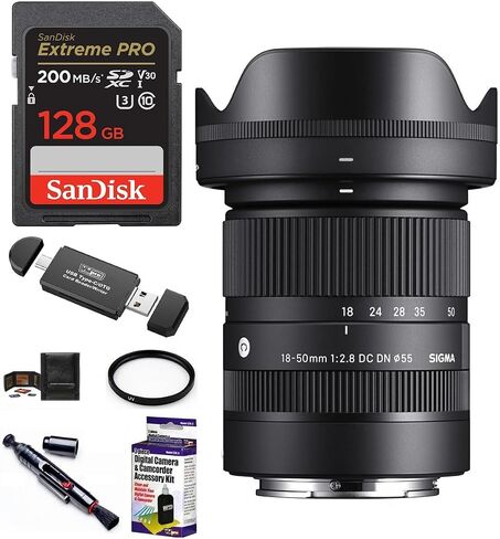 Sigma 18-50mm f/2.8 DC DN عدسة معاصرة لـ Fujifilm X Mount Bundle ، تشمل: بطاقة ذاكرة Sandisk 128GB Extreme Pro SDXC ، مرشح حماية الأشعة فوق البنفسجية ، مجموعة تنظيف العدسات والمزيد (7 عناصر) in Saudi Arabia