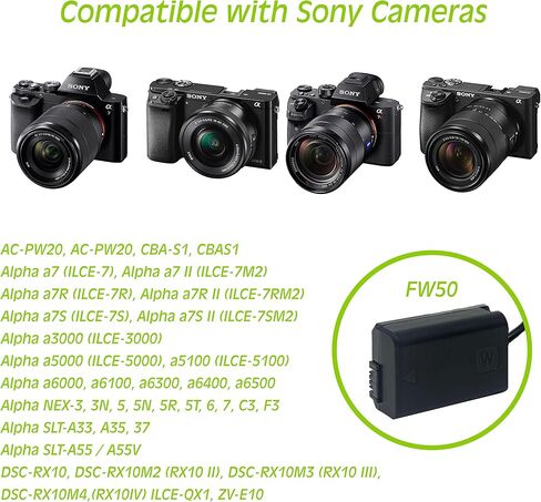 WASABI Power DCC-FW50 DUMMENT DC DC ANDIDE مع إدخال D-TAP لـ Sony AC-PW20 NP-FW50 و Sony Alpha A7R II A7S II A37 A55 A6000 A6100 A6300 A6400 A6500 NEX-5 NEX-6 NEX-7 RX10 III III III III in Saudi Arabia