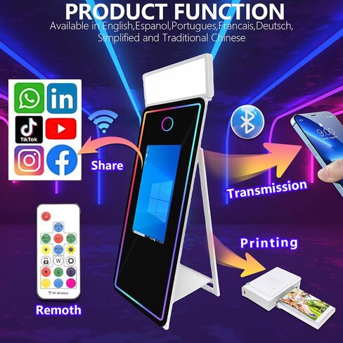 65 '' Photo Photo Booth ، 32 '' شاشة تعمل باللمس التفاعلية مع ضوء مربع وضوء RGB ، كمبيوتر صغير مدمج ، كشك صور Magic Mirror للأحداث (أبيض ، 65 بوصة (32''screen)) in Kuwait