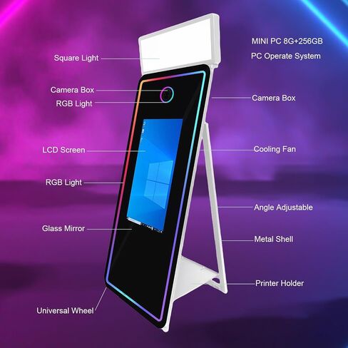 65 '' Photo Photo Booth ، 32 '' شاشة تعمل باللمس التفاعلية مع ضوء مربع وضوء RGB ، كمبيوتر صغير مدمج ، كشك صور Magic Mirror للأحداث (أبيض ، 65 بوصة (32''screen)) in Kuwait