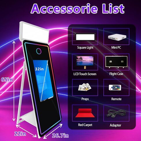65 '' Photo Photo Booth ، 32 '' شاشة تعمل باللمس التفاعلية مع ضوء مربع وضوء RGB ، كمبيوتر صغير مدمج ، كشك صور Magic Mirror للأحداث (أبيض ، 65 بوصة (32''screen)) in Kuwait