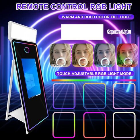 65 '' Photo Photo Booth ، 32 '' شاشة تعمل باللمس التفاعلية مع ضوء مربع وضوء RGB ، كمبيوتر صغير مدمج ، كشك صور Magic Mirror للأحداث (أبيض ، 65 بوصة (32''screen)) in Kuwait