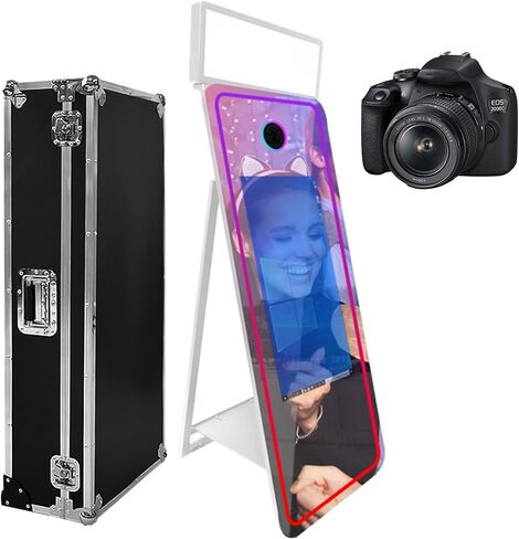 65 '' Photo Photo Booth ، 32 '' شاشة تعمل باللمس التفاعلية مع ضوء مربع وضوء RGB ، كمبيوتر صغير مدمج ، كشك صور Magic Mirror للأحداث (أبيض ، 65 بوصة (32''screen)) in Kuwait