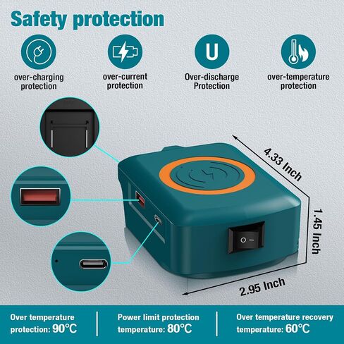 Fast Wireless Charger Adapter for Makita 18V Battery - with Type C & USB Output, Wireless Phone Charger (No Battery) in Kuwait