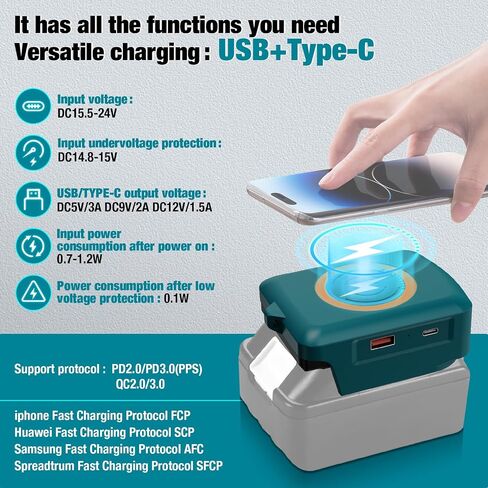 Fast Wireless Charger Adapter for Makita 18V Battery - with Type C & USB Output, Wireless Phone Charger (No Battery) in Kuwait