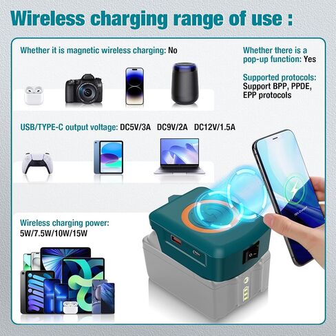 Fast Wireless Charger Adapter for Makita 18V Battery - with Type C & USB Output, Wireless Phone Charger (No Battery) in Kuwait