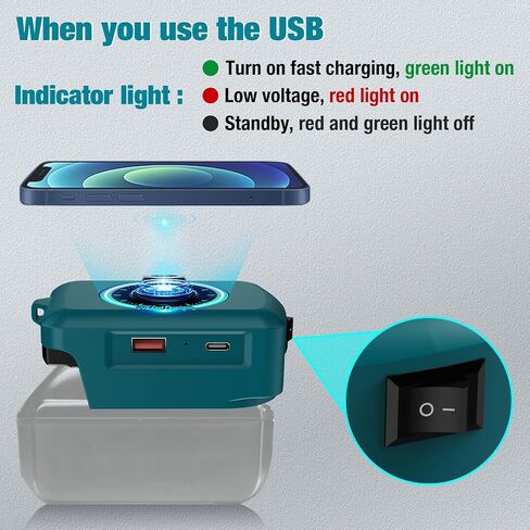 Fast Wireless Charger Adapter for Makita 18V Battery - with Type C & USB Output, Wireless Phone Charger (No Battery) in Kuwait
