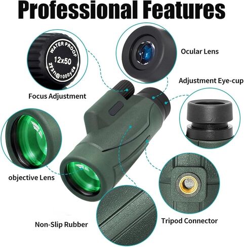HD Telescope 12x50 Ed أحاديات مع Bak4 Prism ، IPX7 مقاومة للماء ، مملوءة بالنيتروجين ، قوية للسفر ، الصيد ، المشي لمسافات طويلة ، التخييم ، والصور الحادة in Saudi Arabia