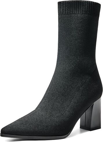 ErikenUrben Women Pointed Toe Stretch Sock Booties Block Heel Knit Boots in Kuwait