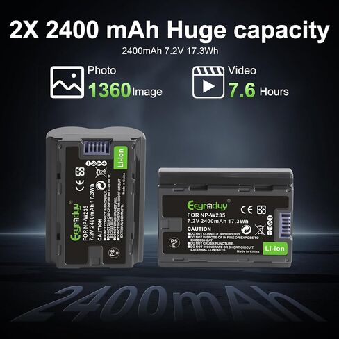 NP-W235 Battery 2Pack and Charger 4080mAh Set for Fujifilm X-T5, X-T4, Double Slot NP-W235 Battery Charger for Fujifilm X-T5, X-T4, VG-XT4, X-S20, GFX50S II, GFX100S, X-H2, X-H2S (NP-W235) in Kuwait