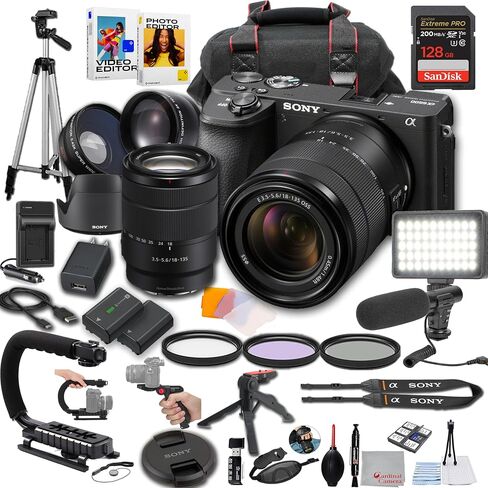 Sony a6600 APS-C Exmor CMOS Sensor, 24MP Mirrorless Camera with 18-135mm Lens,LED Light, Microphone, 128GB Extreme Speed, U-Grip, Filters, Tripod, Case, Software, & More – Pro Video Bundle (38pc) in Saudi Arabia
