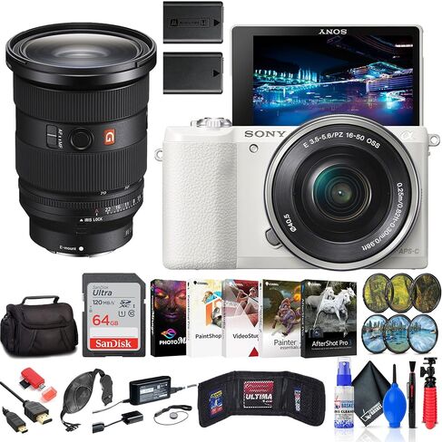 كاميرا رقمية Sony Alpha A5100 المرآة مع عدسة من 16 إلى 50 مم (أبيض) Fe 24-70mm Lens + Filter Kit + Bag + 64GB Card + NPF-W50 Battery + Card Reader + Photo Software + Cables + المزيد (متجدد) in Saudi Arabia