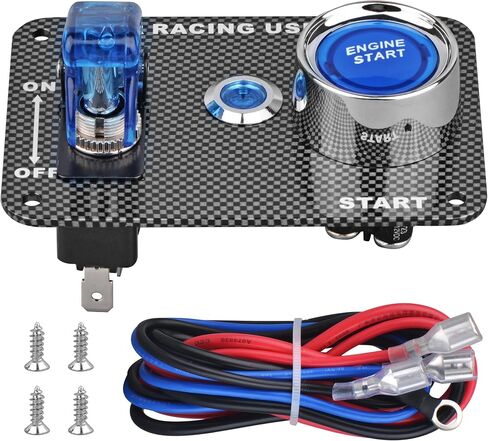 DC12V Racing Car Ignition Switch Panel Carbon Fiber Rocking Switch+Engine Start Push Button with Blue Indicator Light (Blue) in Saudi Arabia