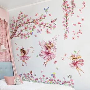NXUEBDD Pink Cherry Blossom Tree Wall Stickers Flower Fairy Garden Wall Decals with Butterflies for Girls Room Nursery Decor in Kuwait