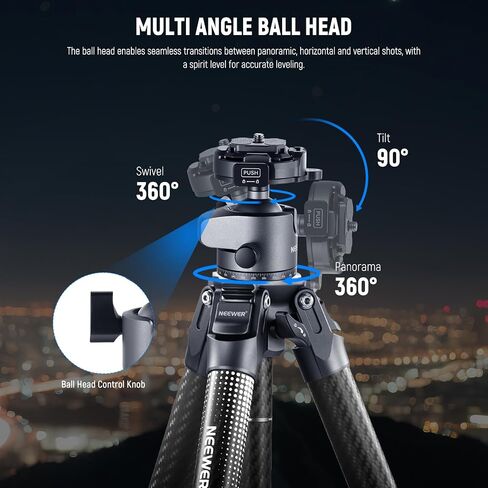 NEEWER LITETRIP LT34 62" Travel Tripod Carbon Fiber with Removable 360° Panorama Head, Center Axis, Fast Flip Buckle, Arca QR Plate Compatible with Peak Design Capture V3, Max Load 22lb/10kg in Saudi Arabia