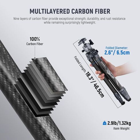 NEEWER LITETRIP LT34 62" Travel Tripod Carbon Fiber with Removable 360° Panorama Head, Center Axis, Fast Flip Buckle, Arca QR Plate Compatible with Peak Design Capture V3, Max Load 22lb/10kg in Saudi Arabia