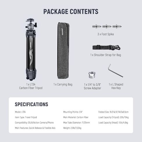 NEEWER LITETRIP LT34 62" Travel Tripod Carbon Fiber with Removable 360° Panorama Head, Center Axis, Fast Flip Buckle, Arca QR Plate Compatible with Peak Design Capture V3, Max Load 22lb/10kg in Saudi Arabia