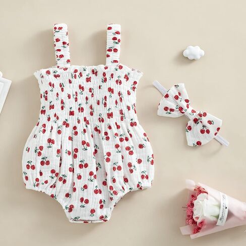 Baby Girl Summer Sleeveless Bodysuits Romper One Piece Jumpsuit Cute Cherry Newborn Girl Outfit Clothes in Kuwait