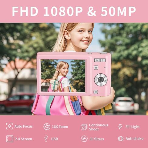 الكاميرا الرقمية ، FHD 1080p Point و Shoot Kids Camera ، مع بطاقة 32 جيجابايت ، بطاريتين ، 2x Zoom Anti Date Stamp ، صغير محمول صغير ، لبداية الأطفال في سن المراهقة فتاة في سن المراهقة in Kuwait