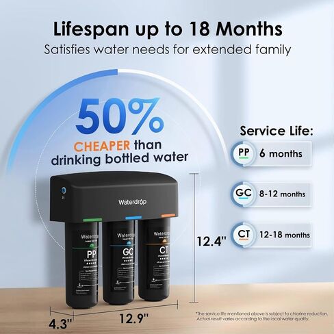 Waterdrop TSB 3-Stage High Capacity Under Sink Water Filter, Reduces PFAS, PFOA/PFOS, Fluoride, Chlorine, Bad Taste & Odor, with Dedicated Faucet, NSF/ANSI 42 Certified Element, USA Tech in Saudi Arabia
