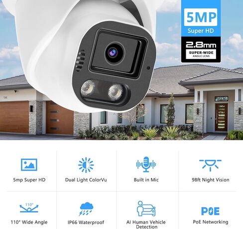 5MP PoE IP Color Night Vision Camera, Smart Dual Light Dome Security IP Camera, Built-in Mic, 98ft Night Vision, 110°Wide Angle, Human Vehicle Detection in Kuwait