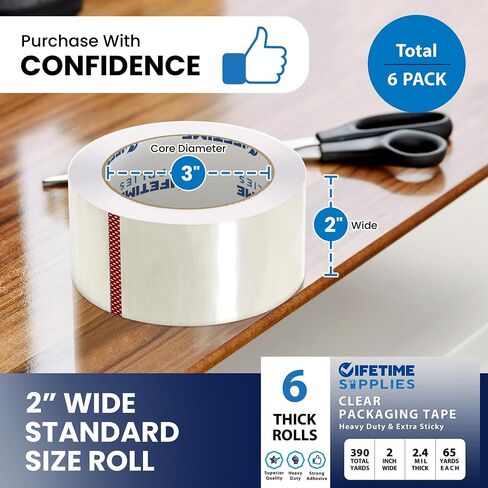 Lifetime Supplies 6 Rolls [Upgraded] Clear Premium Packing Tape, 65 Yards, 2.2 mil, Heavy Duty Packaging Tape for Shipping, Moving, Sealing - Stronger & Thicker in Kuwait