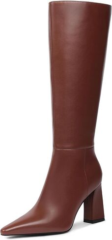 Meolee Knee High Boots for Women Chunky High Heel Long Boots Pointed Toe Leather Boots with Side Zipper in Saudi Arabia