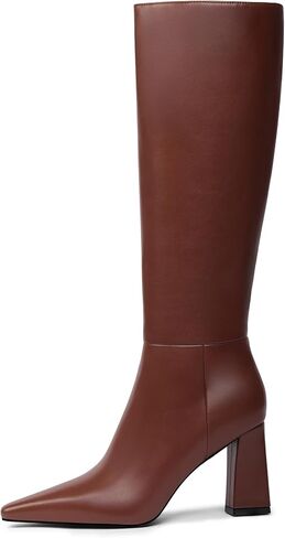 Meolee Knee High Boots for Women Chunky High Heel Long Boots Pointed Toe Leather Boots with Side Zipper in Saudi Arabia
