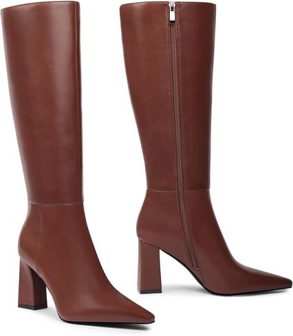 Meolee Knee High Boots for Women Chunky High Heel Long Boots Pointed Toe Leather Boots with Side Zipper in Saudi Arabia