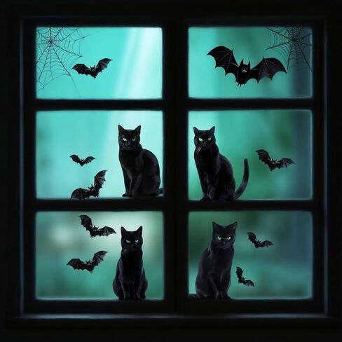 6pcs Halloween Window Comings Decorations Barge Cat Black Cat Halloween Window Stickers Holiday Bat Silhouette Window Window Decord Party Indoor Decor in Kuwait