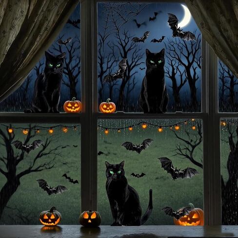 6pcs Halloween Window Comings Decorations Barge Cat Black Cat Halloween Window Stickers Holiday Bat Silhouette Window Window Decord Party Indoor Decor in Kuwait