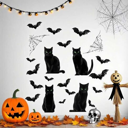 6pcs Halloween Window Comings Decorations Barge Cat Black Cat Halloween Window Stickers Holiday Bat Silhouette Window Window Decord Party Indoor Decor in Kuwait