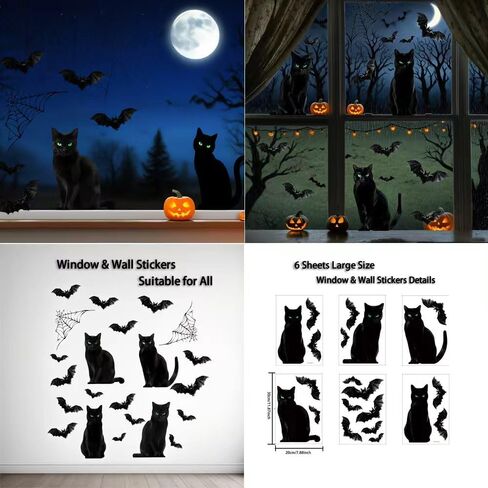 6pcs Halloween Window Comings Decorations Barge Cat Black Cat Halloween Window Stickers Holiday Bat Silhouette Window Window Decord Party Indoor Decor in Kuwait