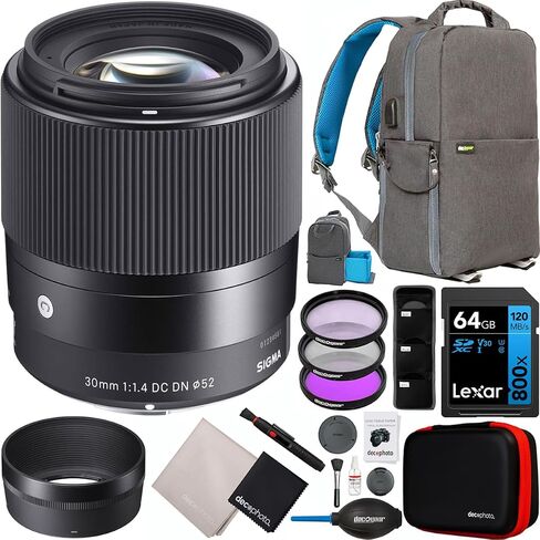 Sigma 30mm F1.4 DC DN عدسة معاصرة للكاميرات Sony E-Mountless 302965 مع حقيبة تصوير Deco Gear Backpack + UV Polarizer FLD Filter Kit and Accessories in Kuwait