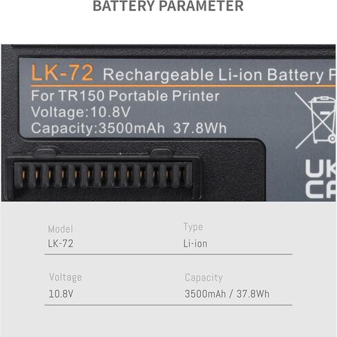3500mAh LK-72 بطارية متوافقة مع Canon TR150 PIXMA TR150 K10513 Series Wireless Mobile Portable Protable Pluge Resplable LI-ION REPLICAL 10.8V 37.8 WH (بطارية فقط ، بدون غطاء) in Kuwait